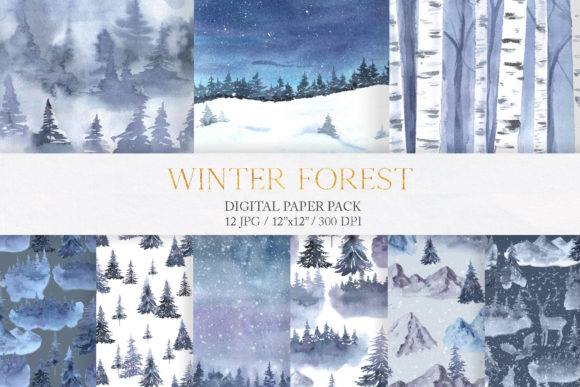 Watercolor Winter Forest Digital Papers for Creative Projects